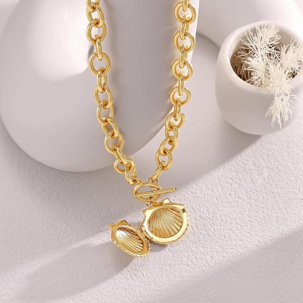 14K Gold shell-gd Plated Chunky Layered Necklace | Paperclip Herringbone Chain - Picture 6 of 6